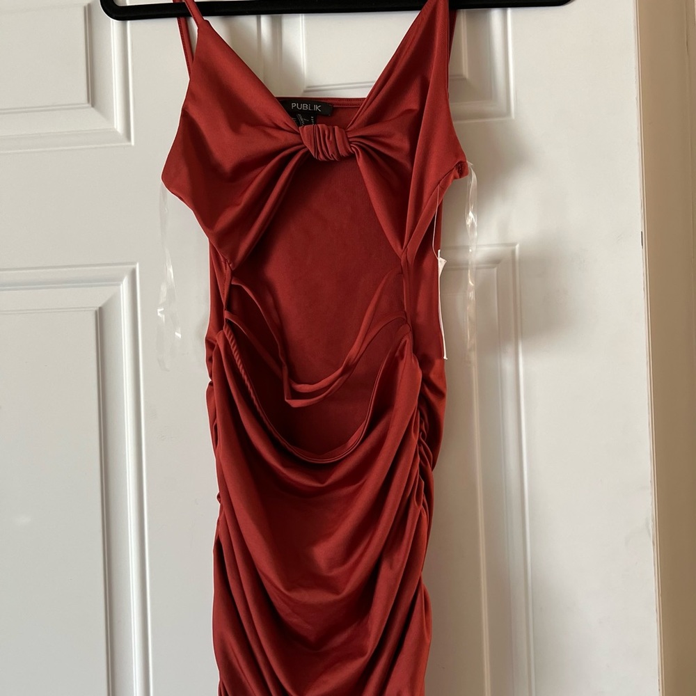 Sexy Mini Cognac color scrunch dress. Publik brand